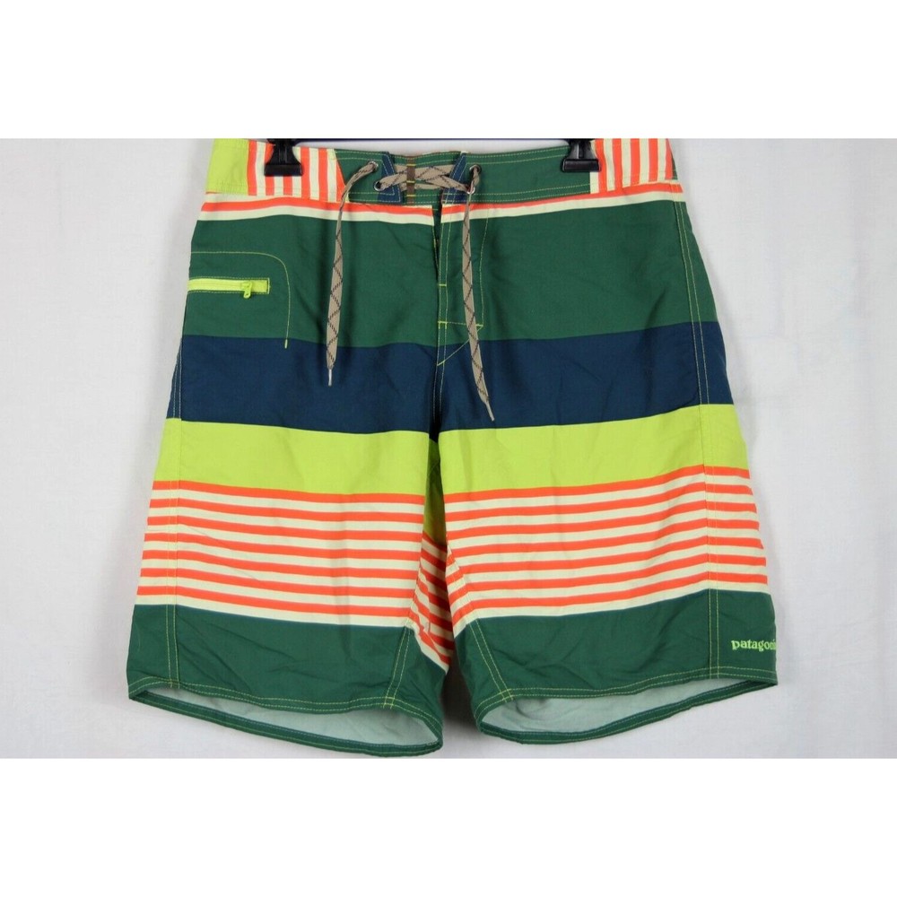 Patagonia Board Shorts/Swim Trunks Mens 32 Green Orange Striped Drawstring